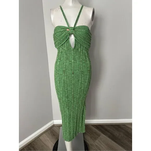 NWT Cult Gaia Elfreda Rib Knit Pleated Cut-Out Midi Dress Emerald Green  Size XS